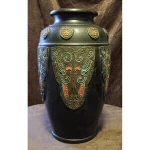 Antique Japanese Tokoname Dragon Vase Hand Painted Pottery Bronze Over Black 12"